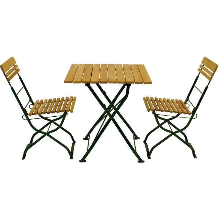 Biergarten - Garnitur MÜNCHEN 3-teilig (2x Stuhl, 1x Tisch 70x70 cm), Flachstahl grün + Robinie