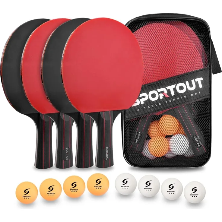 Tischtennisschläger Set inkl. 4 Schläger, 8 bunte Bälle und Aufbewahrungstasche
