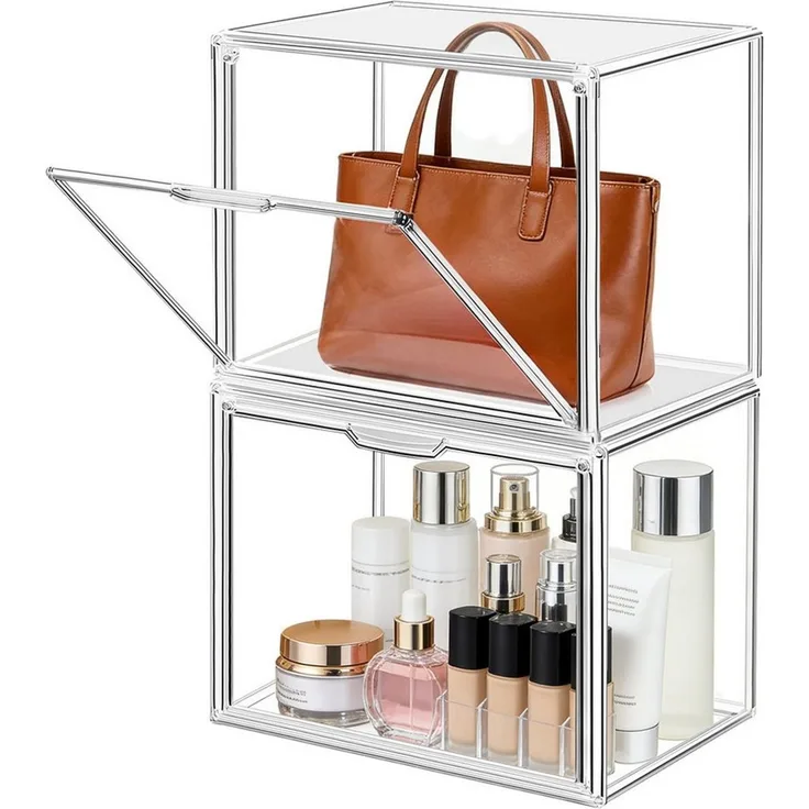 XIIW Vitrine 2X Handtaschen Aufbewahrung Organizer Transparente Kunststoff (Stapelbare Displaybox mit Magnetischer Tür, Taschen-Organizer, Aufbewahrungsschubladen, Schuh Aufbewahrungsboxen für Schrank, Spielzeug-Organisation und Ausstellung (36 x 27 x 22 cm...