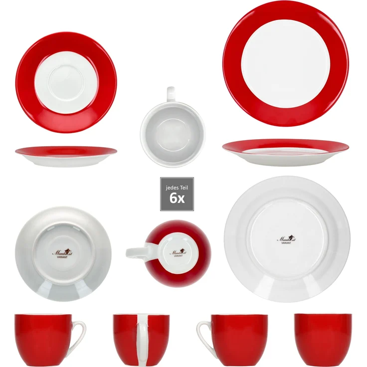 30tlg Kombiservice Variant Rot Porzellan 6 Personen Tassen Untertassen Teller – Bild 5