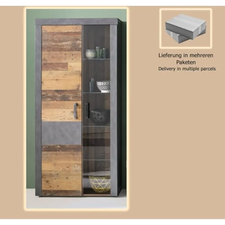 trendteam smart living - Indy - Kommode - Grau/Eiche - Highboard-Schrank mit 2 Türen, 4 Glasböden, 1 Konstruktionsboden und 3 Einlegeböden - (BxHxT) 87 x 189 x 34 cm - antikfarbene Griffe – Bild 8