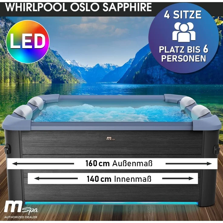 BRAST Whirlpool MSpa Oslo, Sapphire & Amber mit Fester Außenwand, (160x160x65cm, 3 Modelle, LED-Beleuchtung, 6 Personen), Ganzjähriger Einsatz Winterfest – Bild 2