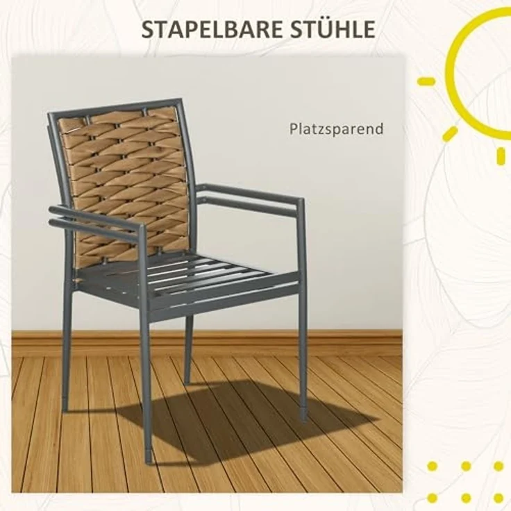 Outsunny 2er-Set Rattan Gartenstuhl Gartensessel Set mit Kissen, Stapelbarer Gartenstuhl, Balkonstuhl für Terrasse, Stahl, 57 x 58 x 87 cm, Schwarz – Bild 6