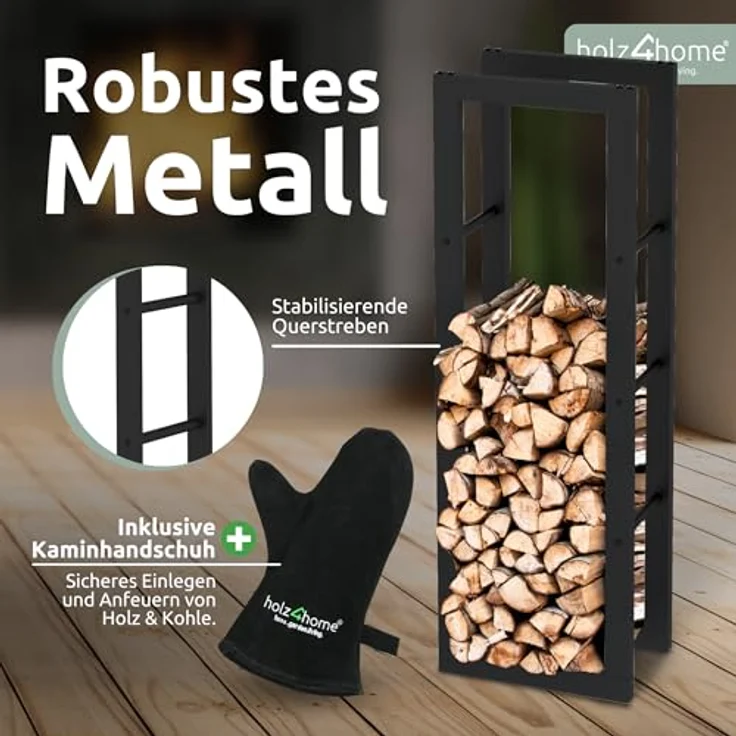 holz4home® Kaminholzregal Metall Schwarz I Brennholzregal Holzlager Design Feuerholzregal, BxTxH:40x25x125 cm, (inkl. Handschuh) – Bild 3