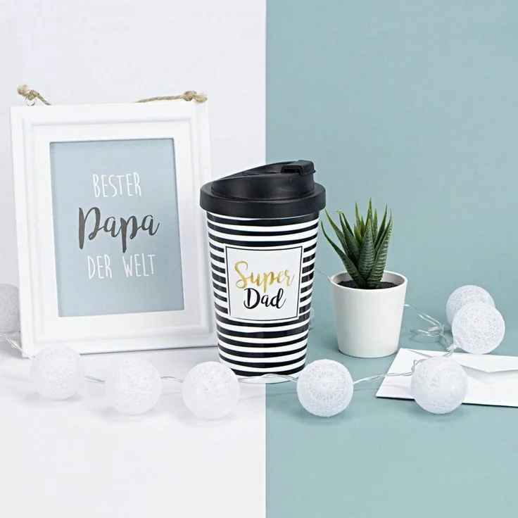 Geda Labels GmbH Coffee-to-go-Becher Super Dad Streifen, 1-tlg, PP, Schwarz, 400 ml, doppelwandig, auslaufsicher – Bild 2