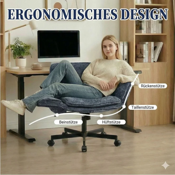 Leawin Drehstuhl Bürostuhl ergonomisch mit breitem Sitz & 5-fach Armlehnen, Schreibtischstuhl mit Chenille-Bezug, Rollen & 150 kg – Bild 3