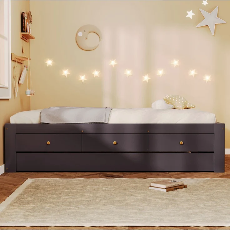 Holzbett mit 3 Schubladen & Ausziehbett, 140x200 cm, Kaffeebraun, ohne Matratze – Bild 2