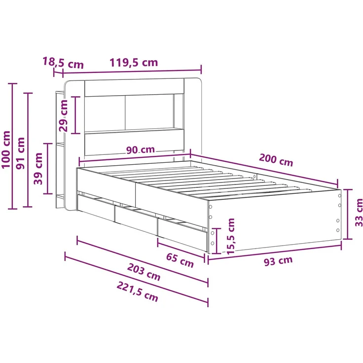 vidaXL Bettgestell mit Stauraum und Kopfteil Sonoma-Grau 90 x 200 cm 3434018 – Bild 11