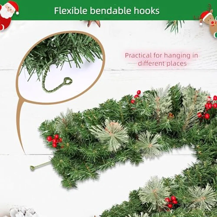 Uten künstliche Tannengirlande, Girlande 2.2m mit roter Beeren und Tannenzapfen, Weihnachtsdeko für Treppe, Tür – Bild 2