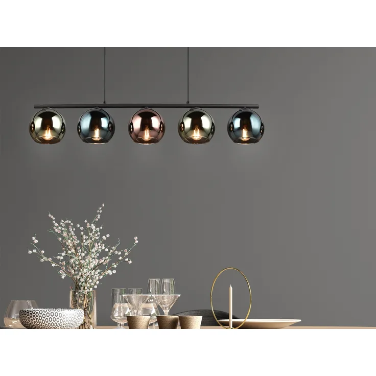 LED Pendelleuchte mit bunt verspiegelten Glaskugeln, Breite 83cm