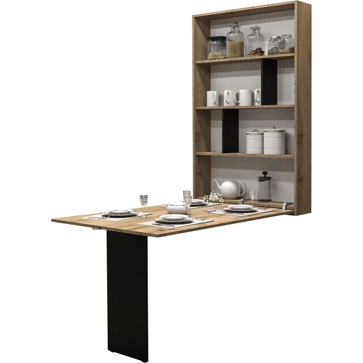 Mirjan24 Wandtisch Albi, Wandklapptisch mit 2 Regalen,150 x 85 x 203 cm, Braun + Schwarz