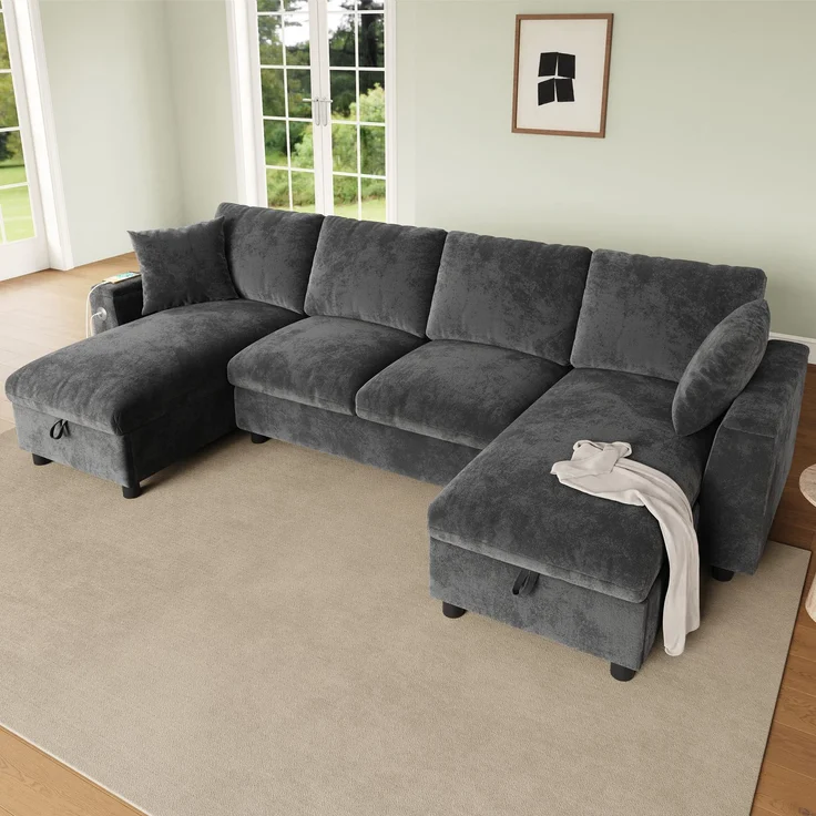 Chenille-U-Sofa mit 2 Stauraum-Chaiselongues, USB und USB-C, gepolsterte modulare Wohnlandschaft 279 cm mit Taschenfederkern, Grau – Bild 4