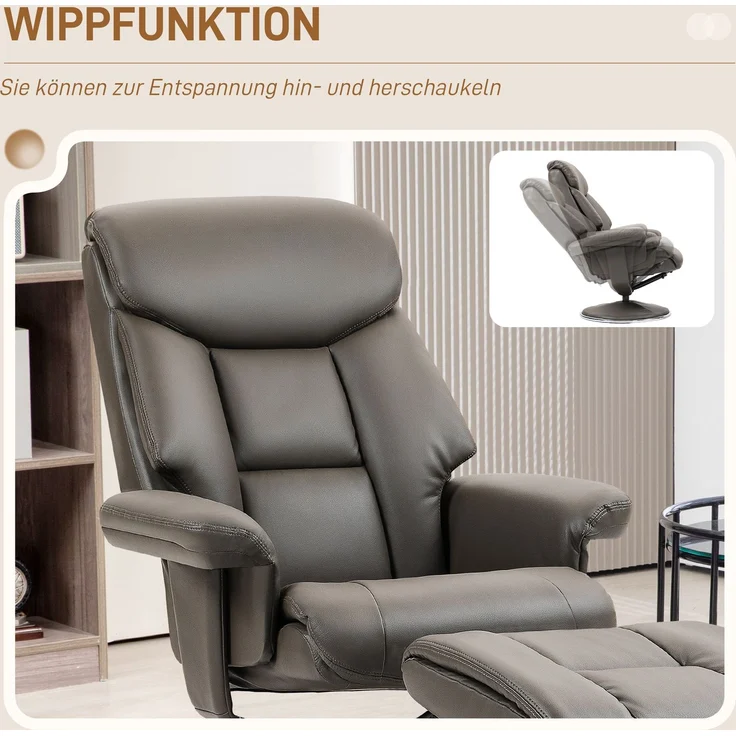 Relaxsessel mit Hocker, Rückenlehne verstellbar, Kunstleder, bis 150 kg, Grau--Grau--81x95x107cm--YOUDENOVA – Bild 7