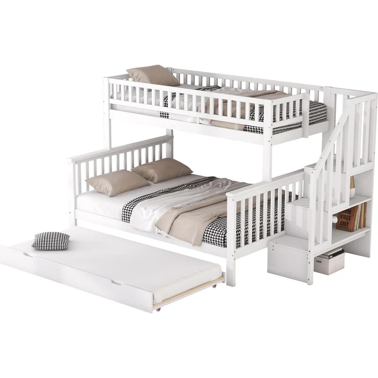 Etagenbett 90x200/140x200 cm Kinderbett mit ausziehbarem Rollbett,Hochbett mit Ablagefächern, Treppe und Geländer,weiß – Bild 9