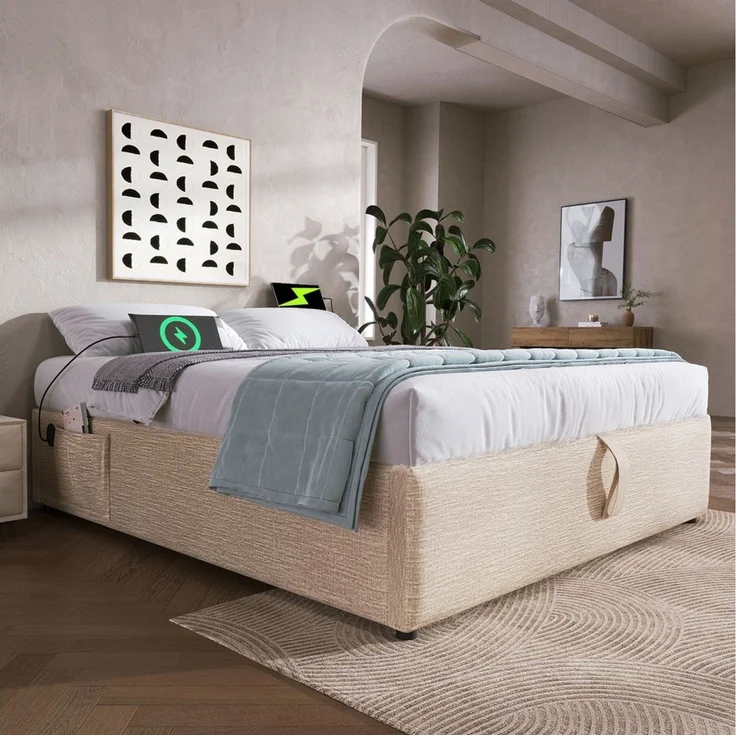 BlingBin Einzelbett Polsterbett (1-tlg, Struraumbett Bettgestell mit USB- C und Vollflächiger Lattenrost), 160×200 cm, Ohne Kopfteil, Leinen – Bild 1