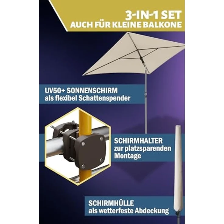 Menz Sonnenschirm Balkon - 3-IN-1 Sonnenschutz Balkon SET in Beige, UPF 50+ Sonnenschirm rechteckig 200x125 cm + kompakter Sonnenschirmhalter Balkongeländer + Sonnenschirmhülle – Bild 2
