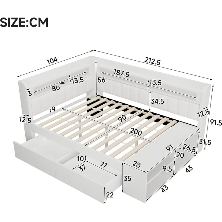 Merax Kinderbett, Einzelbett, Schlafsofa 90x200cm mit USB-Anschluss und LED-Lichtleiste, inklusive Schuhschrank und zwei Schubladen, weiß – Bild 4