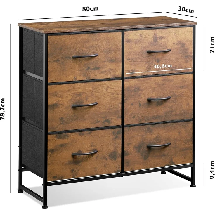 WLIVE Kommode mit 6 Schubladen aus Stoff, Kommodenschrank für Schlafzimmer, Kommode Wohnzimmer, mit Stabiler Stahlrahmen, Holzplatte, Vintagebraun-Schwarz – Bild 3