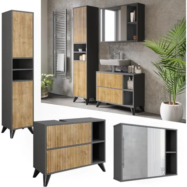 Vichy Badmöbel-Set Leano, 3-teilig, Anthrazit/Bergeiche, mit Waschbeckenunterschrank und Spiegelschrank, 80 cm – Bild 2