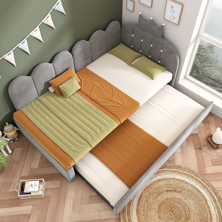 Merax Einzelbett 90x200 cm, Kinderbett, Polsterbett mit 90x190 cm Ausziehbett, Niedliches Kronen- und Gitterdesign, Samt, Grau – Bild 2