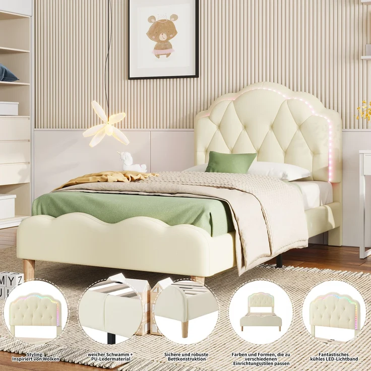 U-life Polsterbett 90x200 cm, Einzelbett und Kinderbett, mit wellenförmigem Kopfteil, LED-Lichtleiste und PU-Bezug, Beige – Bild 5