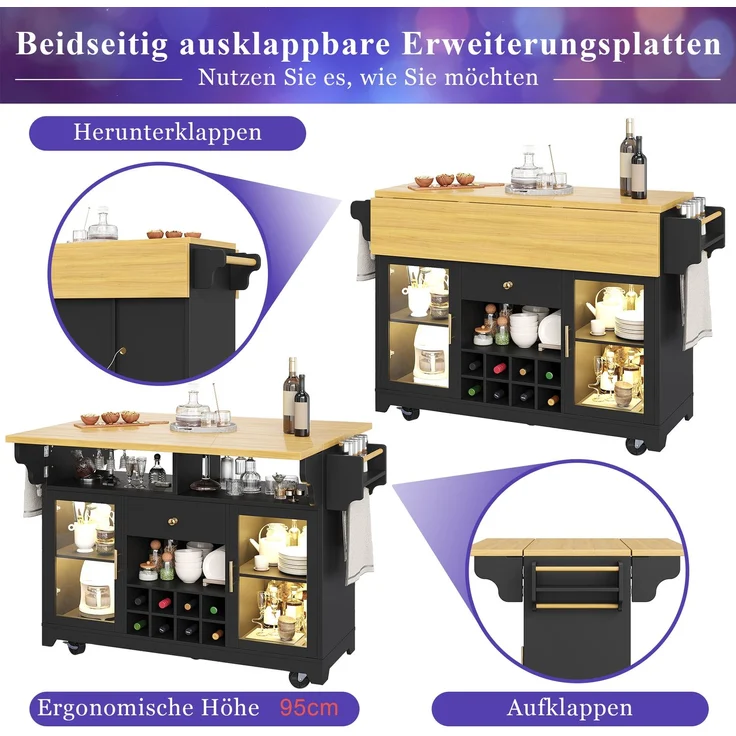 ZUBALIYA Küchenwagen, mit Stauraum, mit LED-Beleuchtung, mit App-Steuerung, mit Klapptischplatte, mit Rollen, Schwarz, MDF – Bild 8