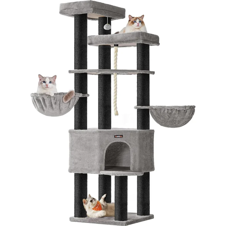 Feandrea Kratzbaum groß, mehrstöckiger Katzenbaum, XXL, 55 x 55 x 186,7 cm, 11 cm d Dicke Sisalstämme, für große Katzen wie Maine-Coon-Katze, Katzenkratzbaum, Taubengrau-tintenschwarz – Bild 1