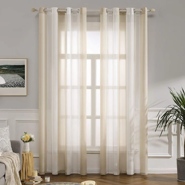 MIULEE Voile Gardinen Beige-Weiß mit Ösen 2er Set 140x175 cm | Halbtransparenter Voile mit Streifenmuster für Wohnzimmer, Schlafzimmer und kleine Fenster.