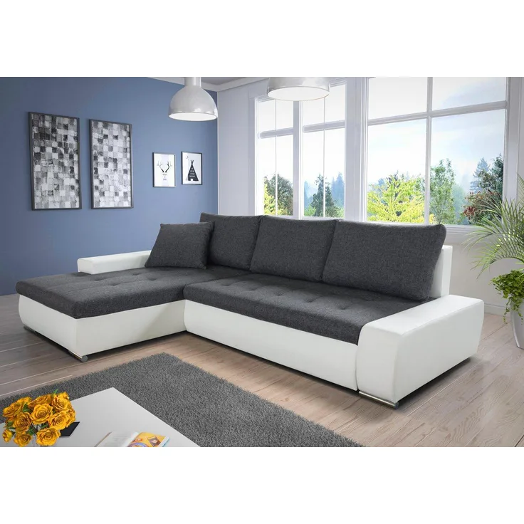 Ecksofa mit Schlaffunktion Faris - Couch mit Bettkasten, Big Sofa, Sofagarnitur, Couchgarniitur, Polsterecke (Weiß + Dunkelgrau (Madryt 120 + Inari 94), Ecksofa Links)