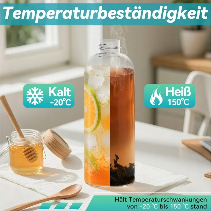 FIVMEN Trinkflasche luftdichte Glaswasserflasche 1000ml mit Edelstahldeckel, 2/4/6 Stück Saftflaschen Set inkl. Reinigungsbürste für Wasser, Saft – Bild 4