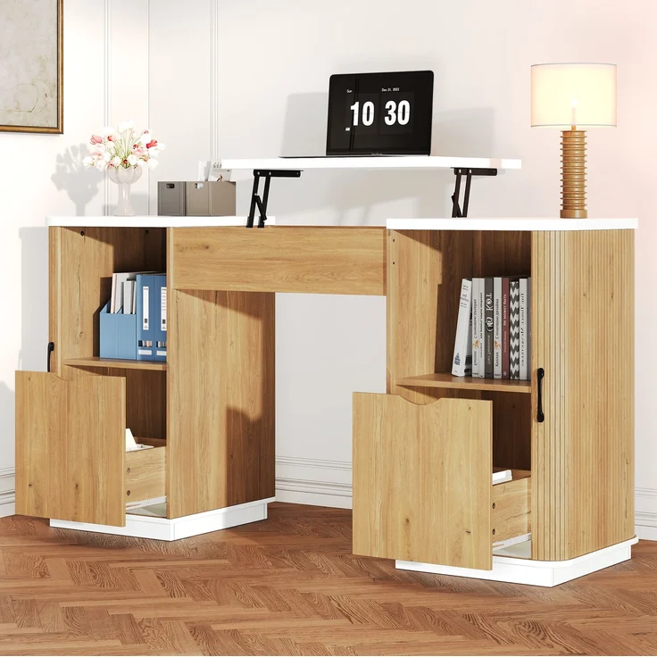 Schreibtisch 140×50×92 cm, manuell höhenverstellbar, mit 2 Schubladen und 2 offenen Fächern – Bild 1