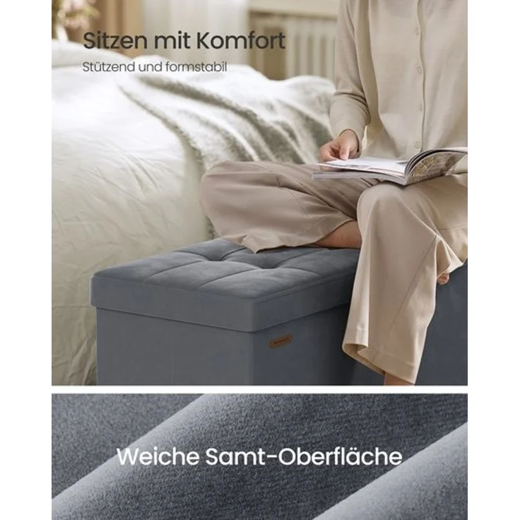 SONGMICS Sitzbank mit Stauraum, Hocker faltbar, 38 x 110 x 40 cm, Aufbewahrungsbox mit Deckel, Fußhocker 112 L, Samt, bis 300 kg belastbar, Flur Wohnzimmer Schlafzimmer – Bild 4