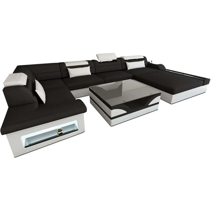 Wohnlandschaft Mezzo Materialmix mit LED - Mikrofaserstoff - Schwarz-Weiß - Rechts – Bild 1