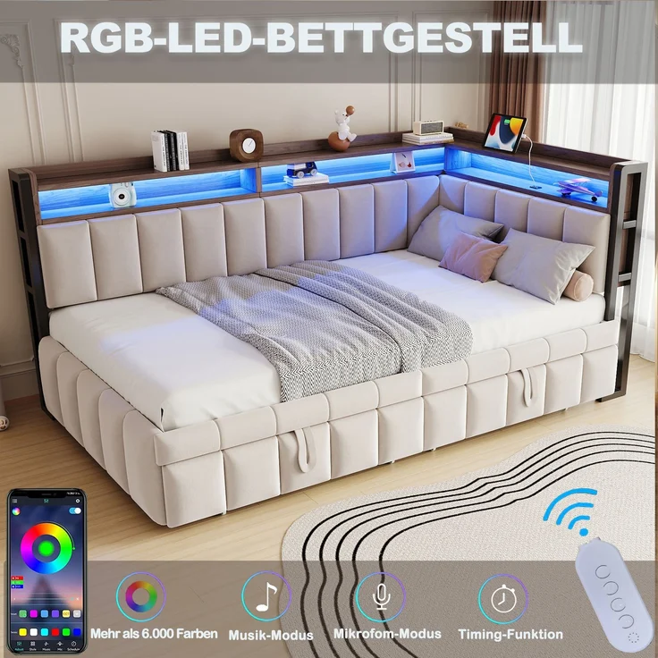 Ausziehbett mit Liegefläche 90×200 cm und Auszug 90×190 cm, LED-Beleuchtung, Beige, ohne Matratze – Bild 6