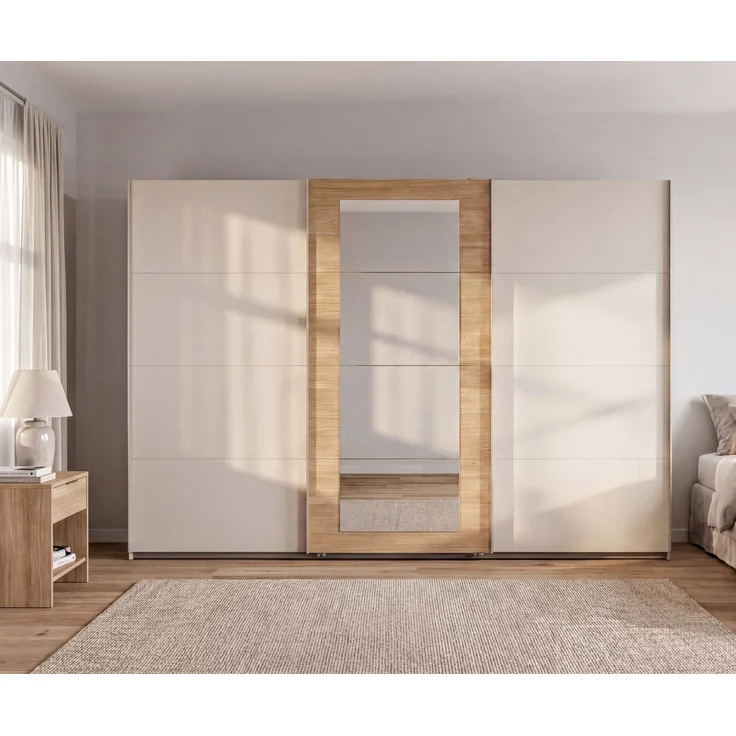 Schwebetürenschrank 3-trg. Kleiderschrank 313 cm Beige Grau, Eiche Natur Spiegel – Bild 3
