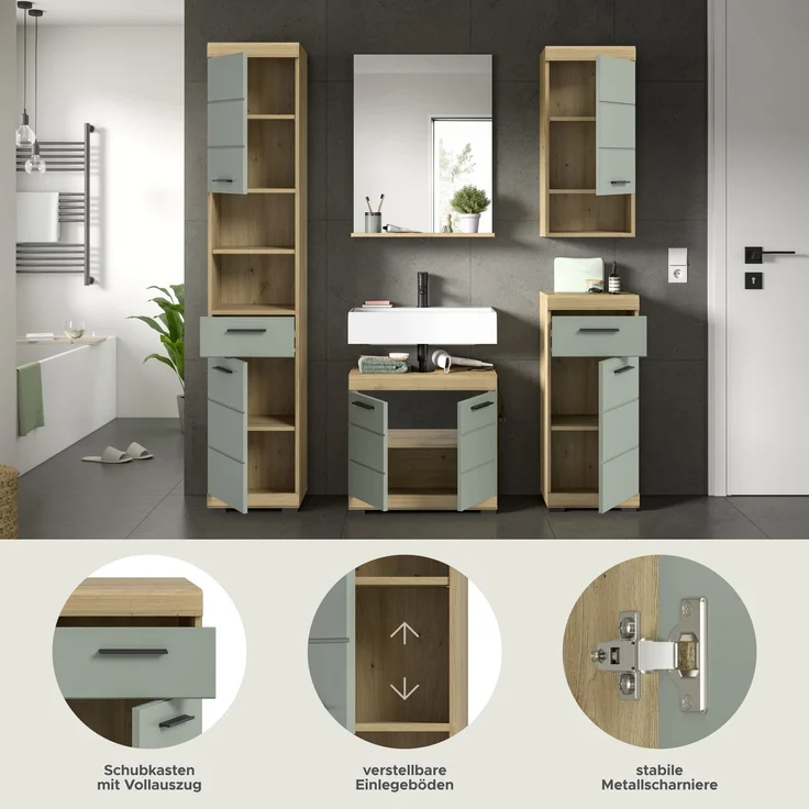 Xonox Scout Badkombination (B/H/T: 164x191x34 cm) in Salbei und Artisan Eiche Nachbildung – Bild 9