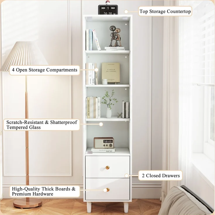 Vitrine mit LED-Beleuchtung, modernes Bücherregal mit Glastüren und 2 Schubladen, Vitrine für Sammlerstücke, moderner Stil mit goldenen Griffen, weiß–H165/B40/T35cm--Weiß--40x35x165cm--YOUDENOVA – Bild 3