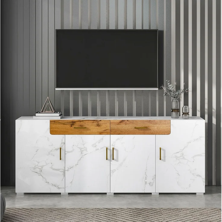 DESVIAE Sideboard mit 4 Türen und 2 Schubladen, 208x80x39,5 cm, aus Spanplatte, Weiß – Bild 3