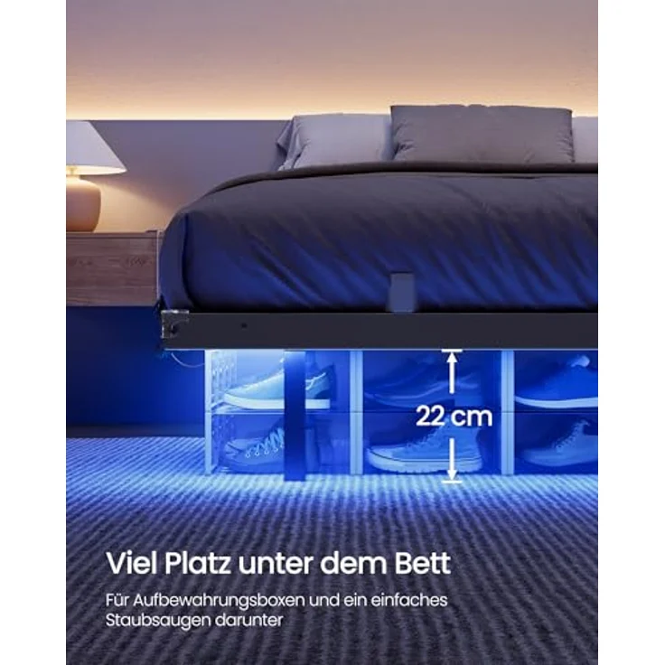 VASAGLE Bettgestell 180x200 cm, schwebender Effekt, LED-Beleuchtung, abnehmbare Steckdosenleiste, 2 AC-Steckdosen, 1 USB-C-Anschluss, 2 USB-A-Anschlüsse, trägt bis 500 kg, tintenschwarz RMB178B101 – Bild 8