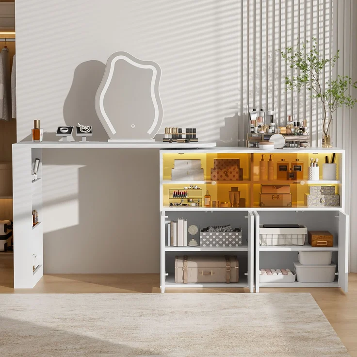 Schminktisch 177x40x131,5 cm mit drehbarer Tischplatte, LED-Spiegel und Stauraum, Weiß – Bild 3