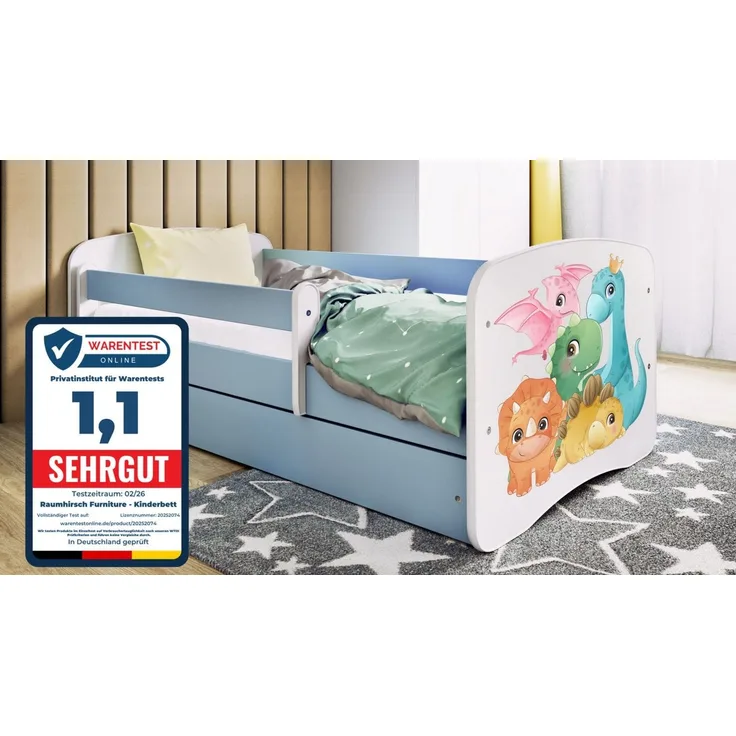 Raumhirsch Furniture Kinderbett 70x140, 80x160, 80x180 cm - Komplettset mit Schublade (Bett für Mädchen, Einzelbett Kinder 2–12, mit Rausfallschutz & Lattenrost), verschiedene Farben & Designs