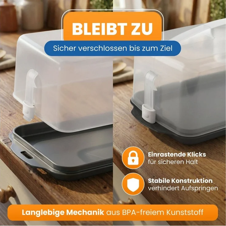EUROHOME Kuchentransportbox Kuchencontainer - Transportbox für Kastenkuchen mit Tragegriff, Kunststoff, (1-tlg, Kuchenhaube 43 x 18 x 15 cm), Tortenglocke für Königskuchen aus Kunststoff – Bild 3