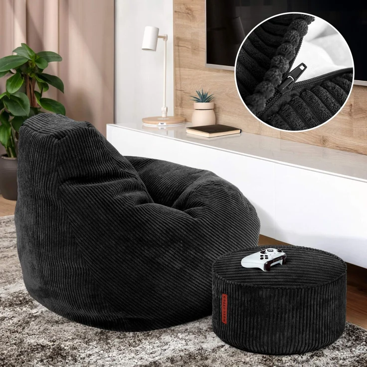 Green Bean® Sitzsack mit Hocker aus Cord - Sitzsäcke für das Wohnzimmer, Schlafzimmer, Sitzsack-Sessel für Erwachsene Schwarz – Bild 3