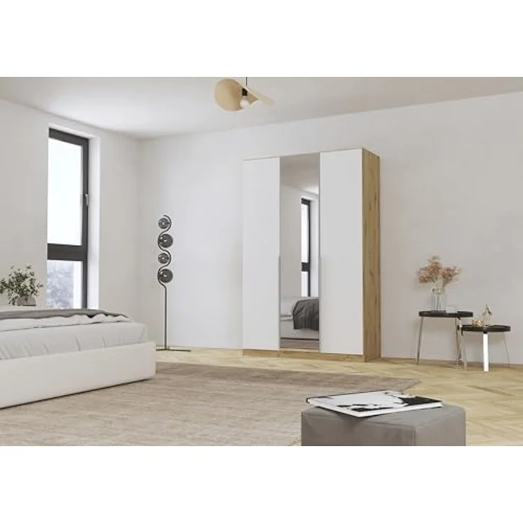 Rauch Möbel Alabama, Kleiderschrank für Schlafzimmer, Kinderzimmer, Wohnzimmer, Garderobe, Flur, 3-türig, Spiegel, mit Zubehör Premium, Farbe Weiß/Eiche Artisan, Holz, Breite 136 cm – Bild 2