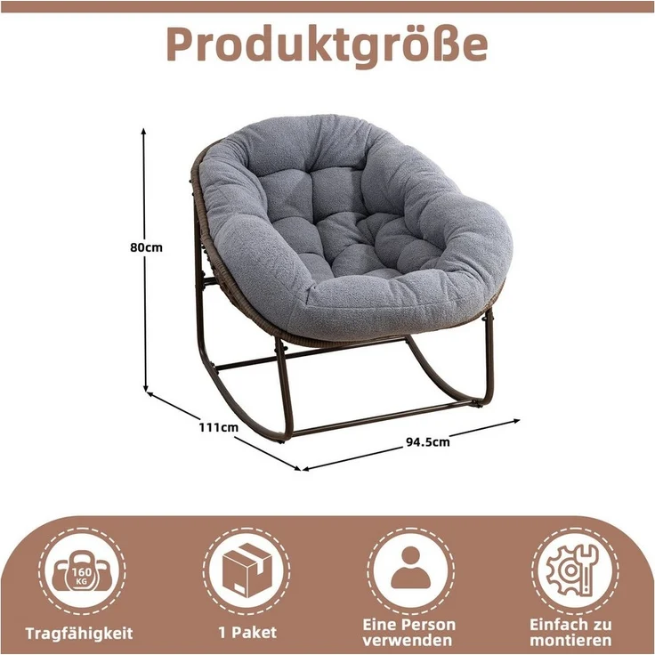 LVHOM Schaukelstuhl mit gepolstertem Kissen, Rattanstuhl mit Stahlrahmen, Lounge Sessel (Großformat B110.5cm x T94.5cm x H80cm,Dicke Kissen,160kg Tragfähigkeit, MEHRE FARBEN MEHRE OPTIONEN! Schaukelsessel umhüllendem Sitzgefühl & hoher Armlehne, 1 St),... – Bild 2