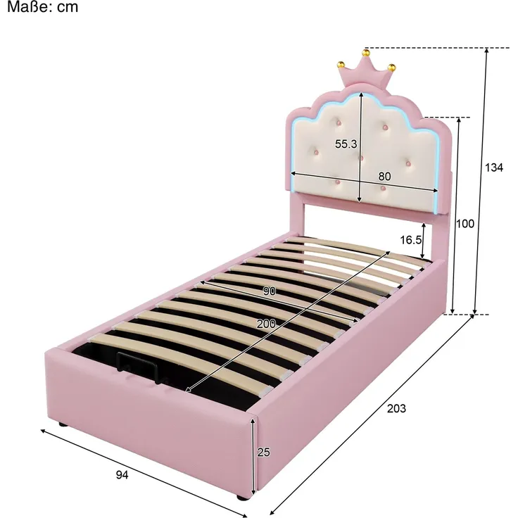 Prinzessinbett mit Stauraum und LED-Beleuchtung, 90x200 cm, Mädchenbett, Polsterbett für Mädchen, Einzelbett, Kunstleder – Bild 6