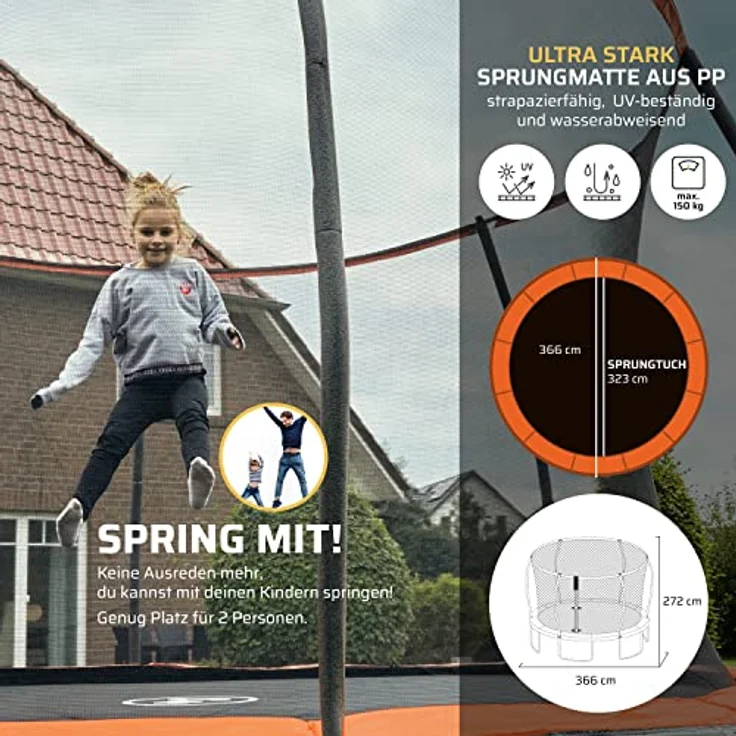 SportPlus Trampolin SP-T-305 / SP-T-366, Garten-Trampolin mit gepolsterten Stangen, innenliegendem Sicherheitsnetz, extra sicherer Randabdeckung, angenehmer Federung, Tiger Orange / Sun / Pacific Blue – Bild 7