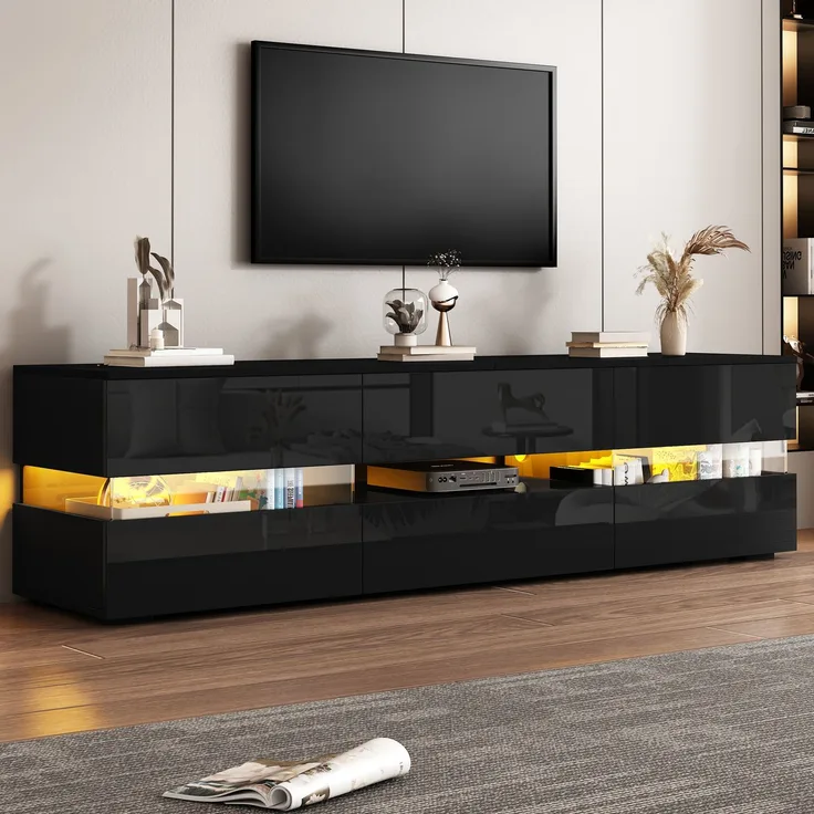 JARDJ Moderner Hochglanz-TV-Schrank,160x39x45 cm, mit LED-Beleuchtung, 2 Türen, 1 Schublade, offenes Fach, geeignet für 70-Zoll-Fernseher – mit Acryl-Glaseinsatz und Drucköffnung,Hochglanz-TV-Stände,schwarz
