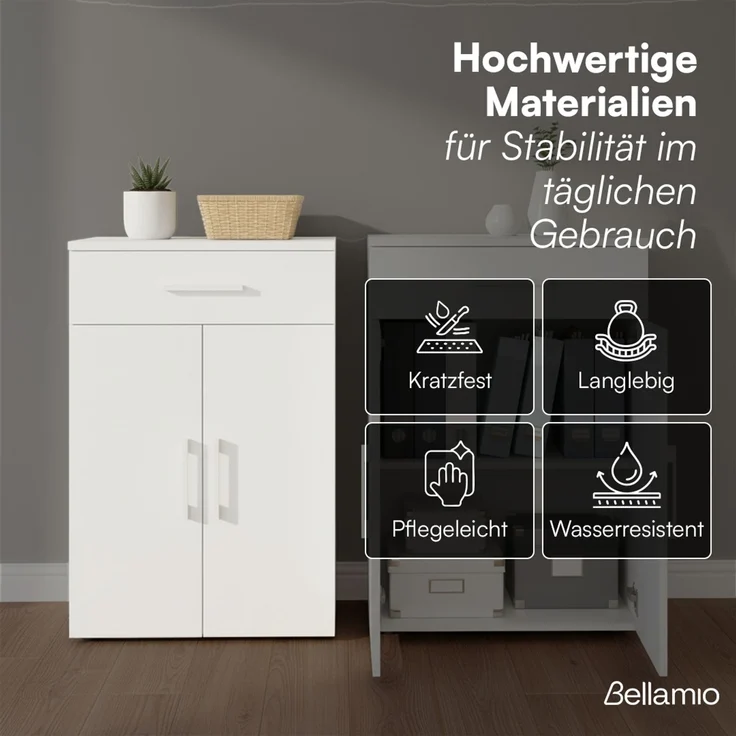 Bellamio 'Apol' Mehrzweckschrank, weiß, 88x33x60 cm, kleiner Aktenschrank mit 2 Fächern und 1 Schublade – Bild 5