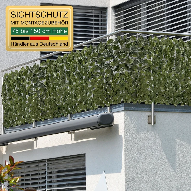 ELONEO Balkon Sichtschutz wetterfest, 300 x 150 cm in Blätteroptik, Balkonverkleidung inkl. 20 Kabelbindern, Sichtschutz Zaun, Sichtschutz Garten, Sichtschutz Terasse, grün – Bild 1